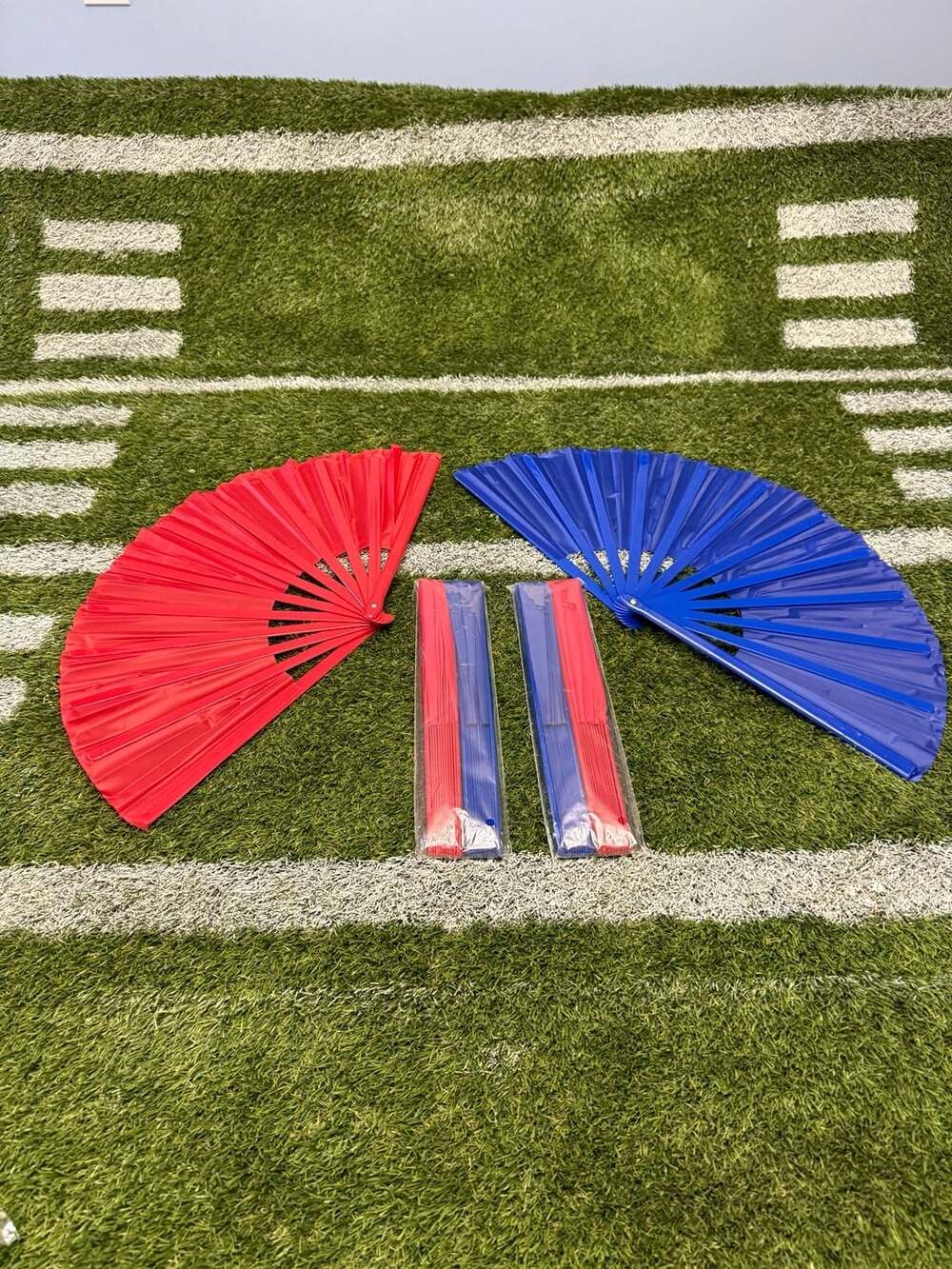 Lot of 6 Large Hand Folding Fan Clack Fan Red and Blue